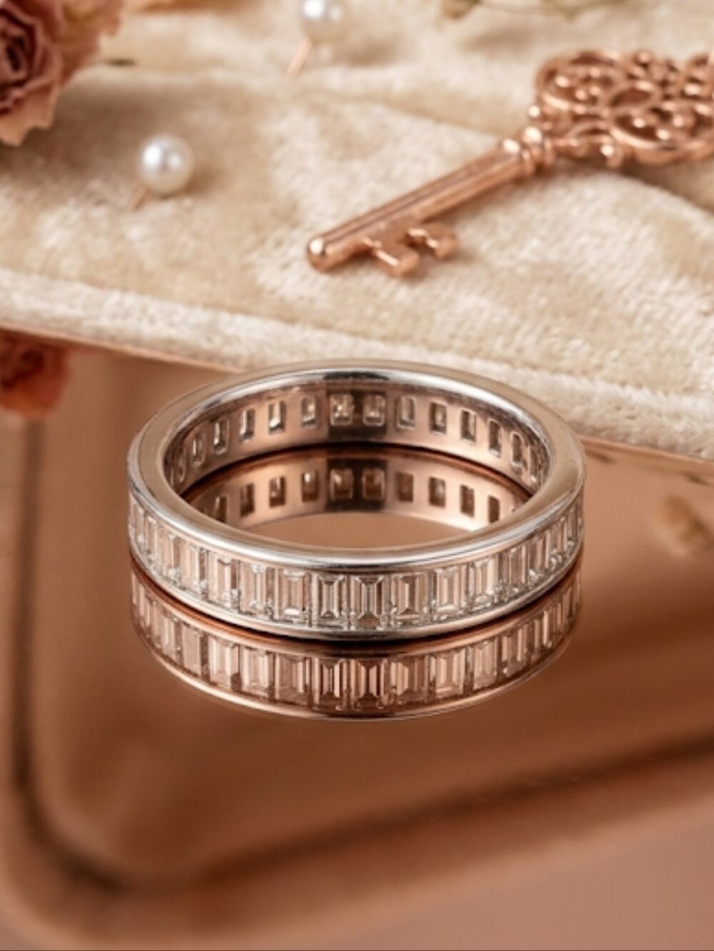 925 Sterling Silver Baguette Crystal Eternity Ring Sz 9